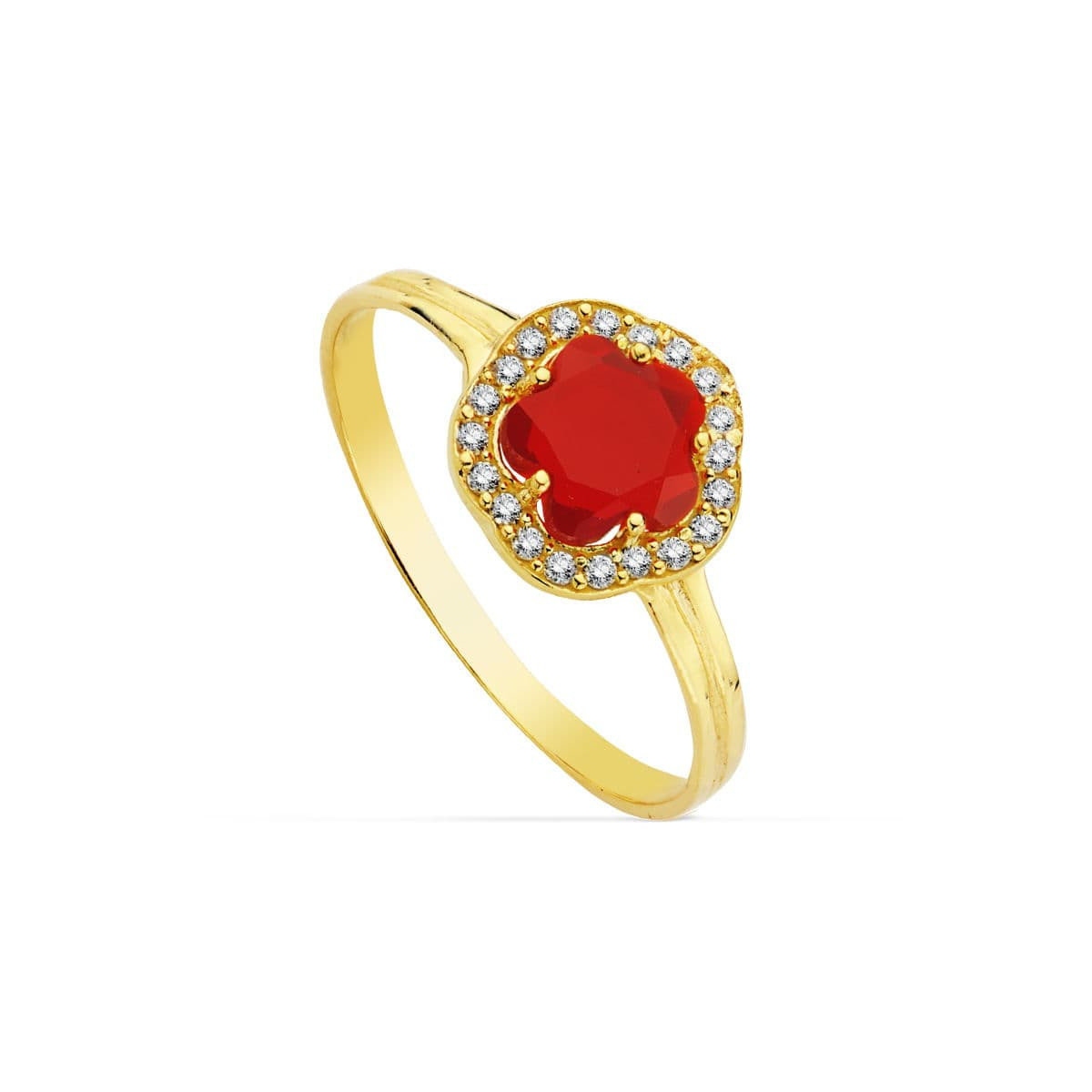 18K SORTIJA ORO AMARILLO CON CIRCONITA FLOR ROJA. ANCHO: 9 X 9 MM