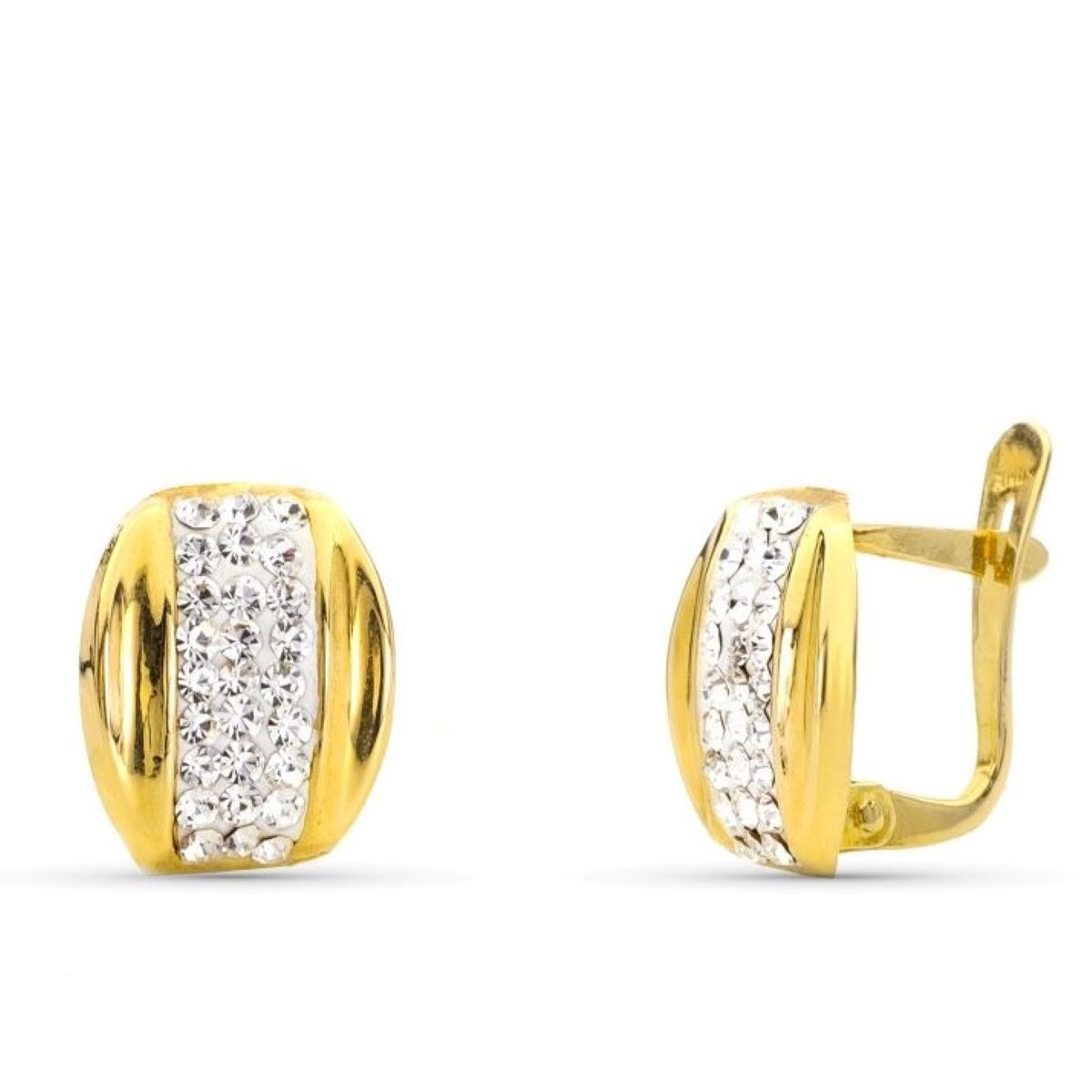9K PENDIENTES ORO AMARILLO BANDAS CON CIRCONITA 11X10 MM CIERRE CATALAN