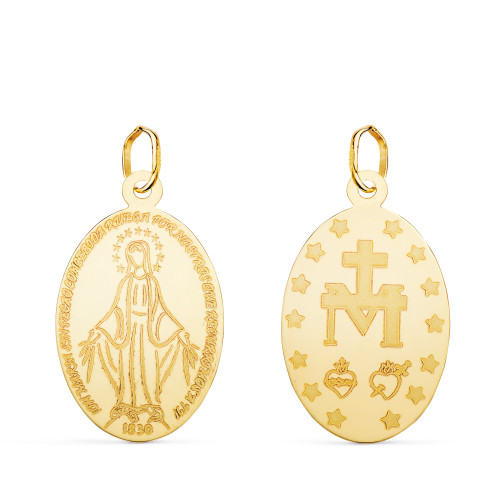 18K MEDALLA ORO AMARILLO VIRGEN MILAGROSA OVAL LASER BRILLO. 23 X 14 MM