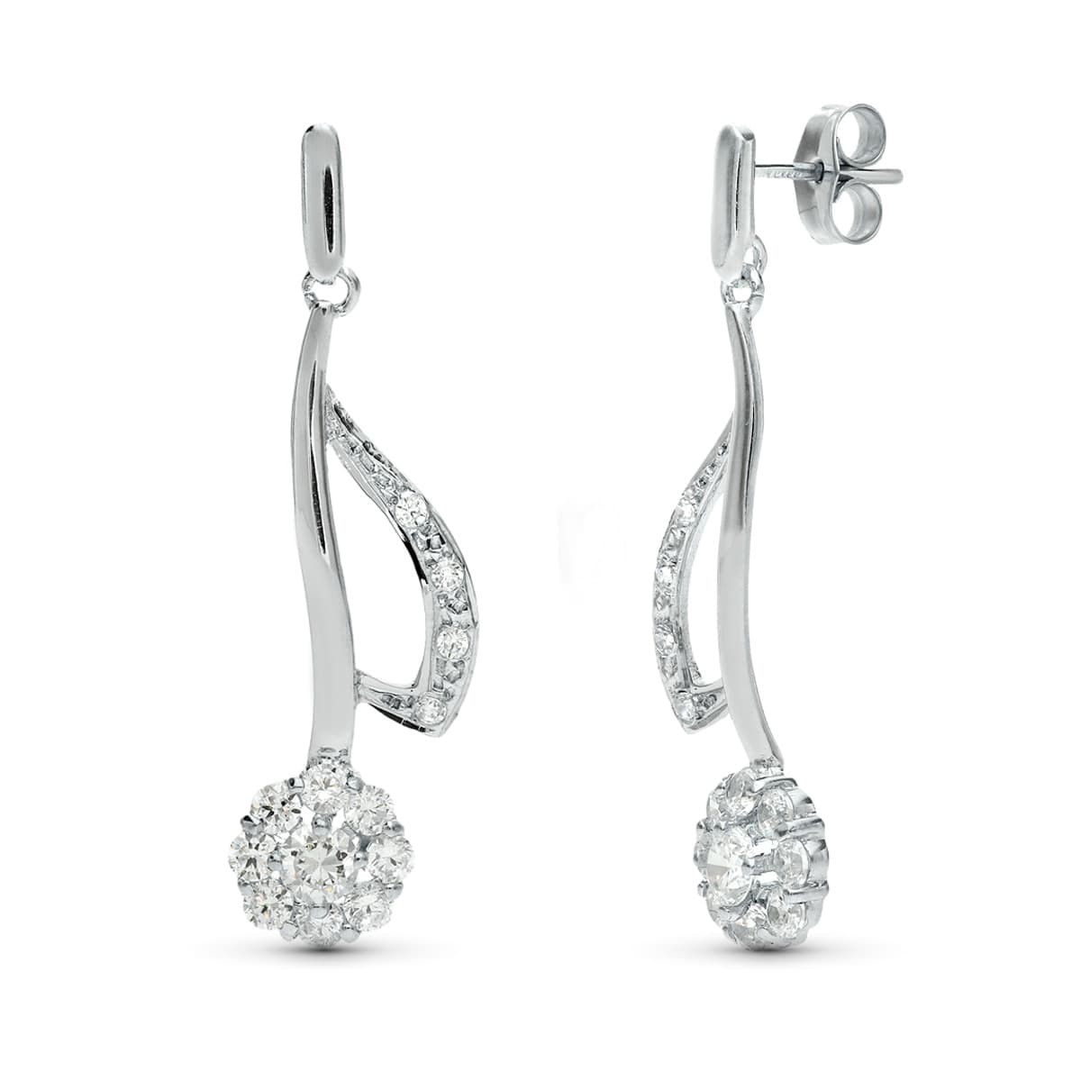 18K PENDIENTES ORO BLANCO JUEGO NOVIA LARGOS CUAJO 35X11 MM CIERRE PRESION