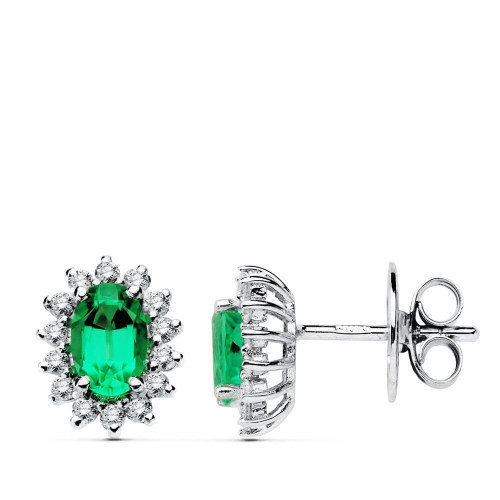 18K PENDIENTES ORO BLANCO 28 DIAMANTES DE LABORATORIO Y ESMERALDA 6X4 MM 0,78 QTS 0,28 QTS. VS2-G CIERRE PRESION 9,5X8 MM