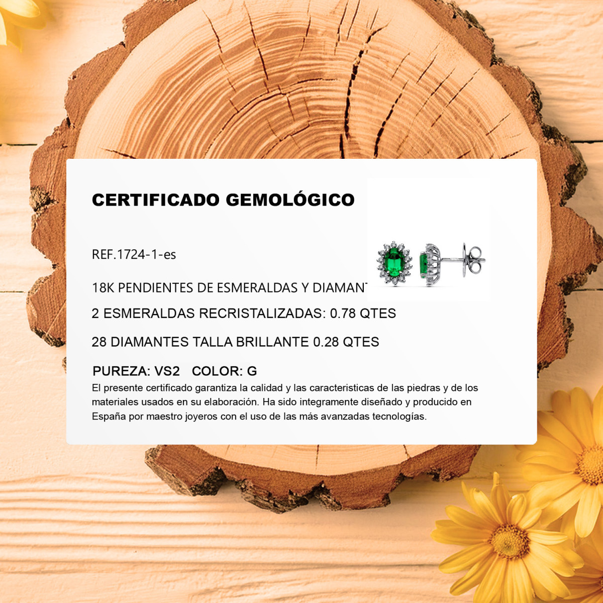 18K PENDIENTES ORO BLANCO 28 DIAMANTES DE LABORATORIO Y ESMERALDA 6X4 MM 0,78 QTS 0,28 QTS. VS2-G CIERRE PRESION 9,5X8 MM