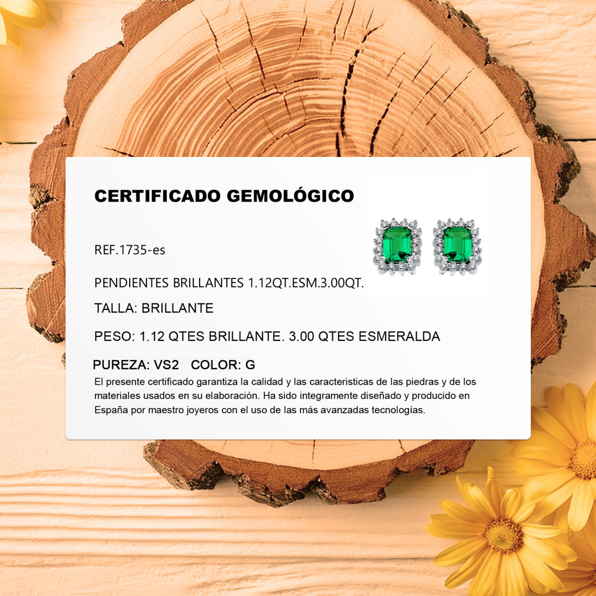 18K PENDIENTES ORO BLANCO 32 DIAMANTES LABORATORIO VS2-G 1,12 QT. Y ESMERALDAS 8X6 MM 3,00 QT. 13X11 MM CIERRE OMEGA