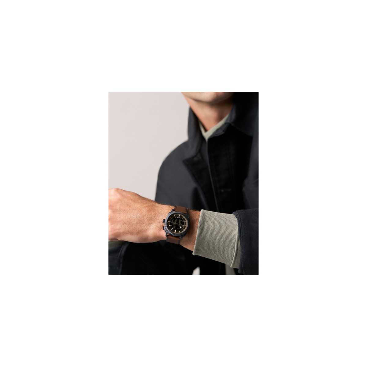 Fossil Reloj Machine Hombre LCD Acero Inoxidable 41 mm Negro con Correa de Cuero Marrón FS6165