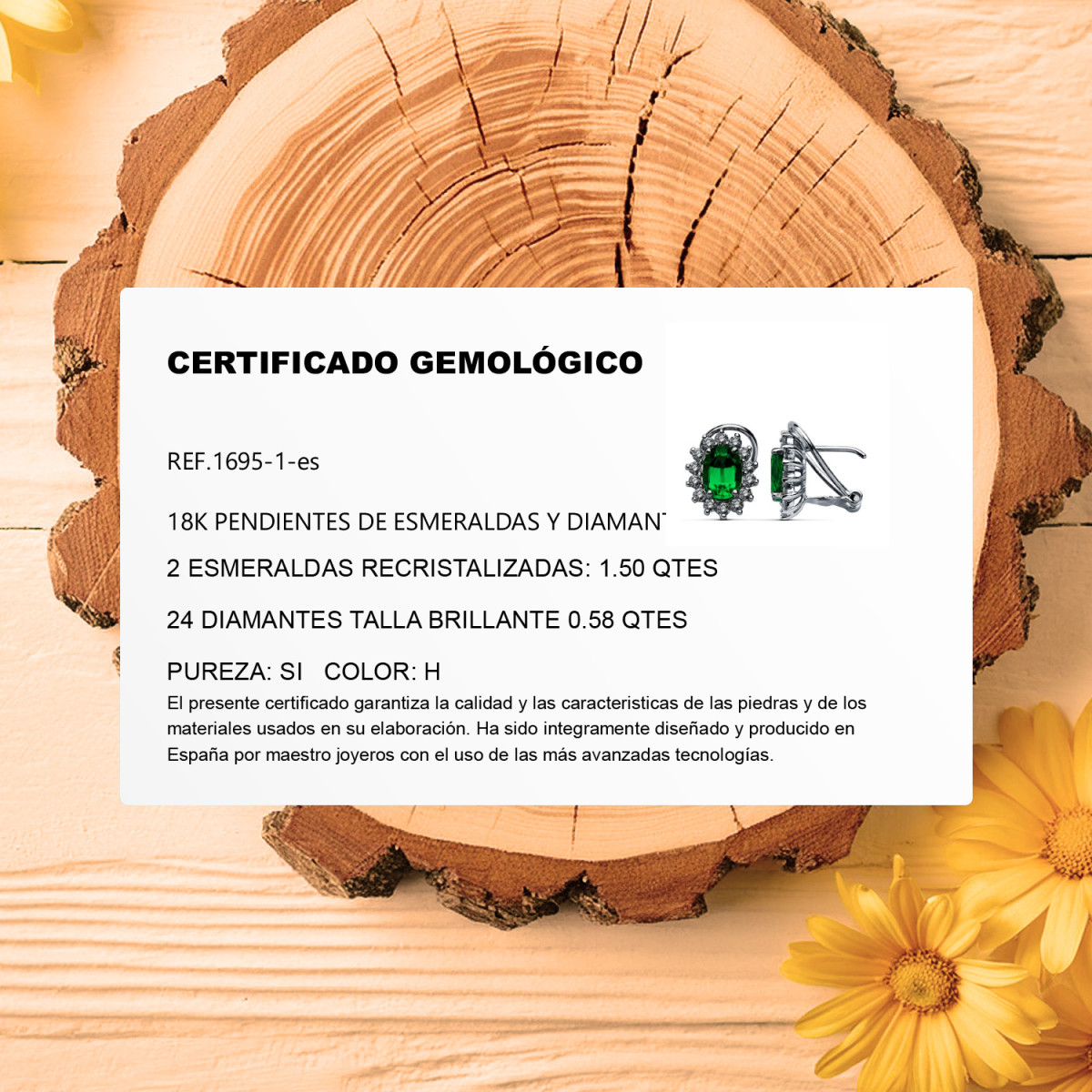 18K PENDIENTES ORO BLANCO DIAMANTES DE LABORATORIO Y ESMERALDA 7X5 MM 1,50 QTS VS2-G. 0,580 QTS.11,5xX9,5 MM CIERRE OMEGA