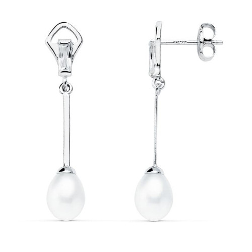 18K PENDIENTES ORO BLANCO PERLA 31X6 MM CIERRE PRESION