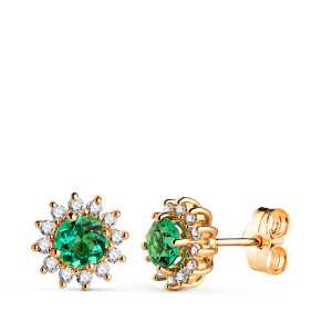 18K PENDIENTES ORO AMARILLO 24 DIAMANTES DE LABORATORIO Y ESMERALDA 5 MM 0,96 QT 0,340 QTS. VS2-G. 9 MM CIERRE PRESION