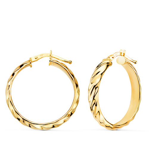 18K AROS ORO AMARILLO MEDIA CAÑA BANDAS BRILLO 24X4 MM