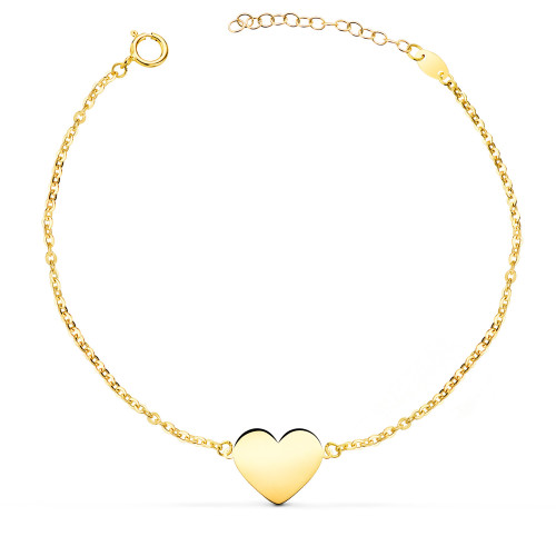 9K PULSERA ORO AMARILLO CORAZON EN BRILLO 12X10 MM. LARGO: 18-2 CM