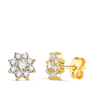 18K PENDIENTES ORO AMARILLO CUAJO CON GARRAS Y CIRCONITAS. MEDIDA: 6,5 X 6,5 MM. CIERRE PRESION