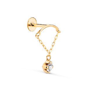 18K PIERCING DE OREJA ORO AMARILLO CURVA CON CADENA Y CIRCONITA. GRUESO BARRA 1.20 MM. MEDIDA: 15 X 12 MM. CIERRE TUERCA