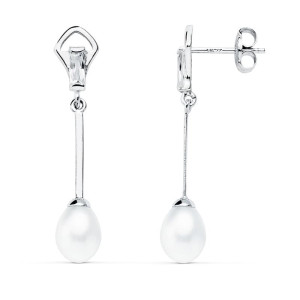 18K PENDIENTES ORO BLANCO CON CIRCONITAS BAGUETTE Y PERLAS. MEDIDA: 31X6 MM. CIERRE PRESION