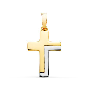 18K CRUZ ORO BICOLOR LISA HUECA PALO RECTANGULAR BRILLO. 22 X 13,5 MM. PALO RECTANGULAR: 4 X 1,5 MM