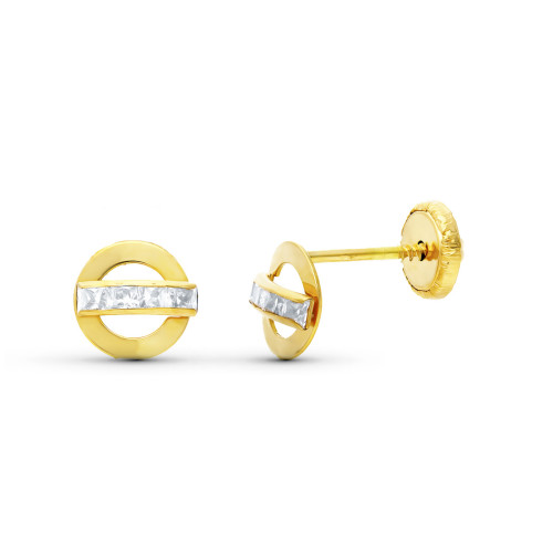 18K PENDIENTES ORO BICOLOR CIRCONITA 6 MM CIERRE TUERCA