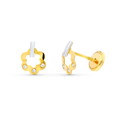 18K PENDIENTES ORO BICOLOR FLOR 8X6 MM. CIERRE TUERCA
