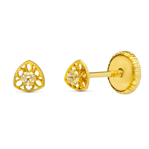 18K PENDIENTES ORO AMARILLO TRIANGULO CALADO 3X3 MM CIERRE TUERCA