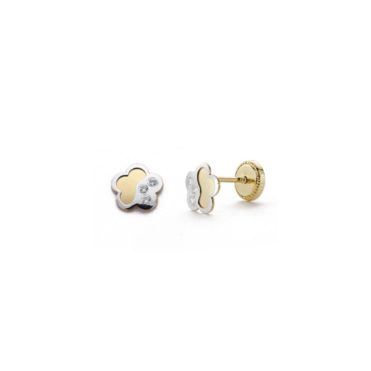 18K PENDIENTES ORO BICOLOR FLOR CIRCONITA 6 MM CIERRE TUERCA