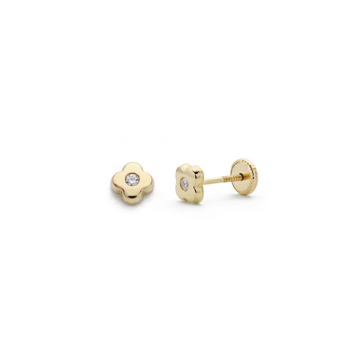 18K PENDIENTES ORO AMARILLO TUERCA TREBOL CIRCONITA 5 MM