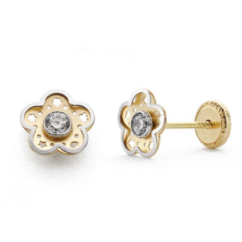 18K PENDIENTES BICOLOR FLOR CIRCONITA 7 MM CIERRE TUERCA