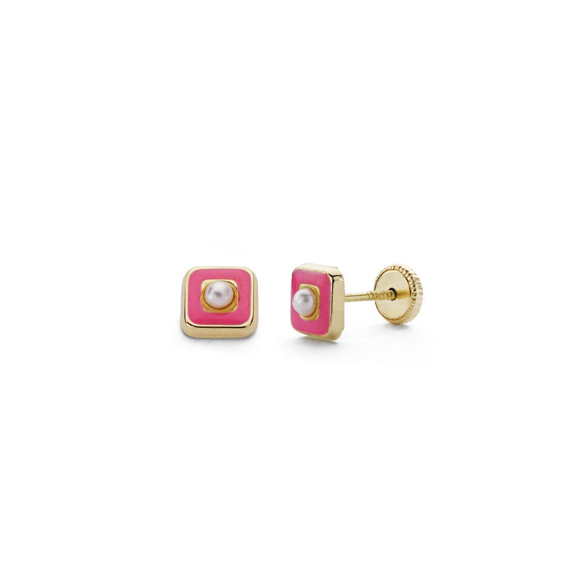 18K PENDIENTES ORO AMARILLO PERLAS ESMALTE ROSA 5 MM CIERRE TUERCA