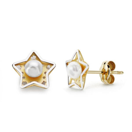 18K PENDIENTES ORO AMARILLO ESTRELLA Y PERLA 8X8 MM CIERRE PRESION