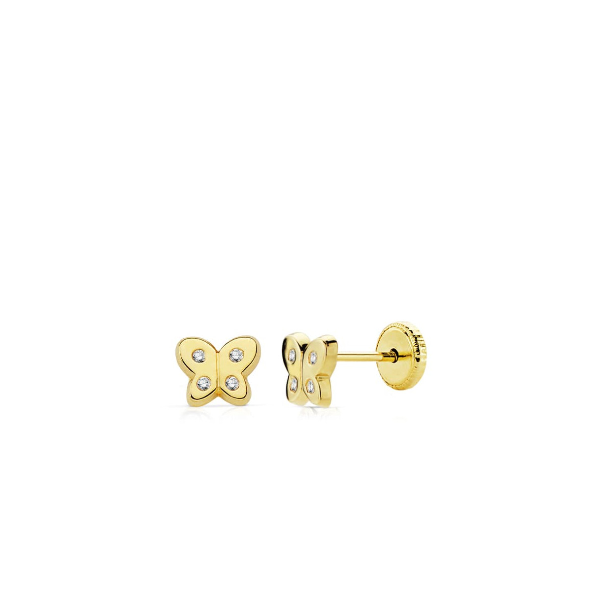 18K PENDIENTES ORO AMARILLO MARIPOSA CIRCONITA 6X5 MM CIERRE TUERCA