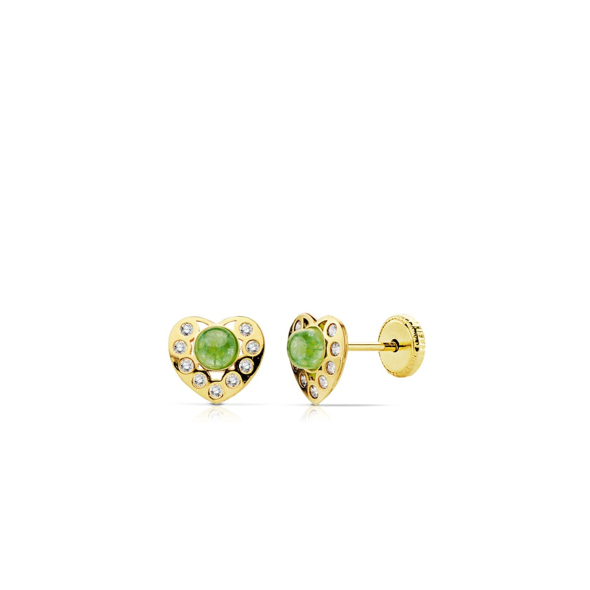 18K PENDIENTES ORO AMARILLO CORAZON PIEDRA VERDE Y CIRCONITA TUERCA