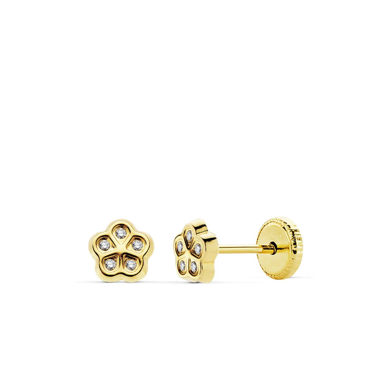 18K PENDIENTES ORO AMARILLO FLOR CIRCONITA 5.5 MM CIERRE TUERCA