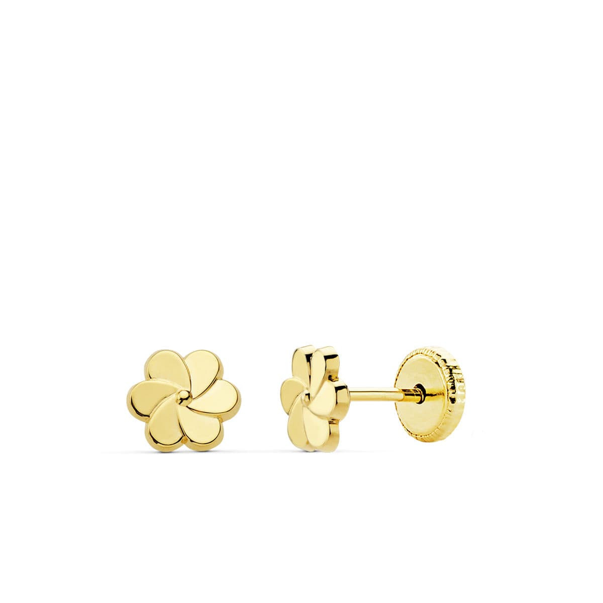 18K PENDIENTES ORO AMARILLO FLOR PETALOS 6X6 MM CIERRE TUERCA