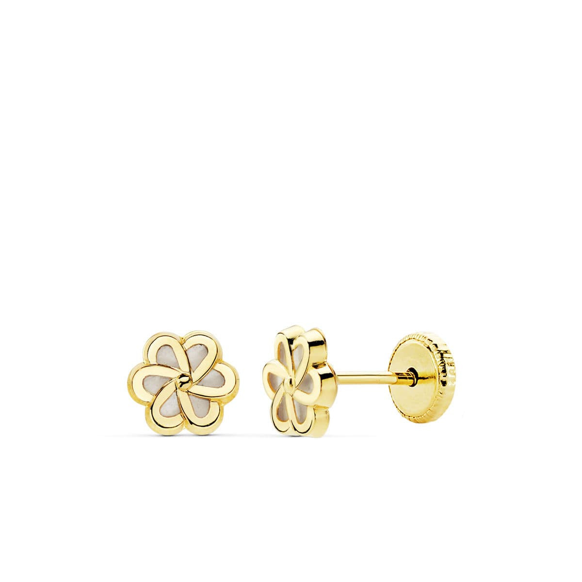18K PENDIENTES ORO AMARILLO FLOR NACAR 6X6 MM CIERRE TUERCA