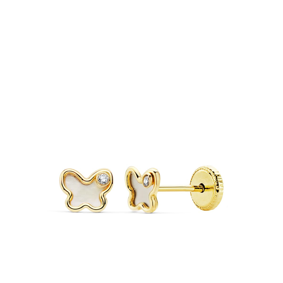 18K PENDIENTES ORO AMARILLO MARIPOSA NACAR 5X4 MM CIERRE TUERCA