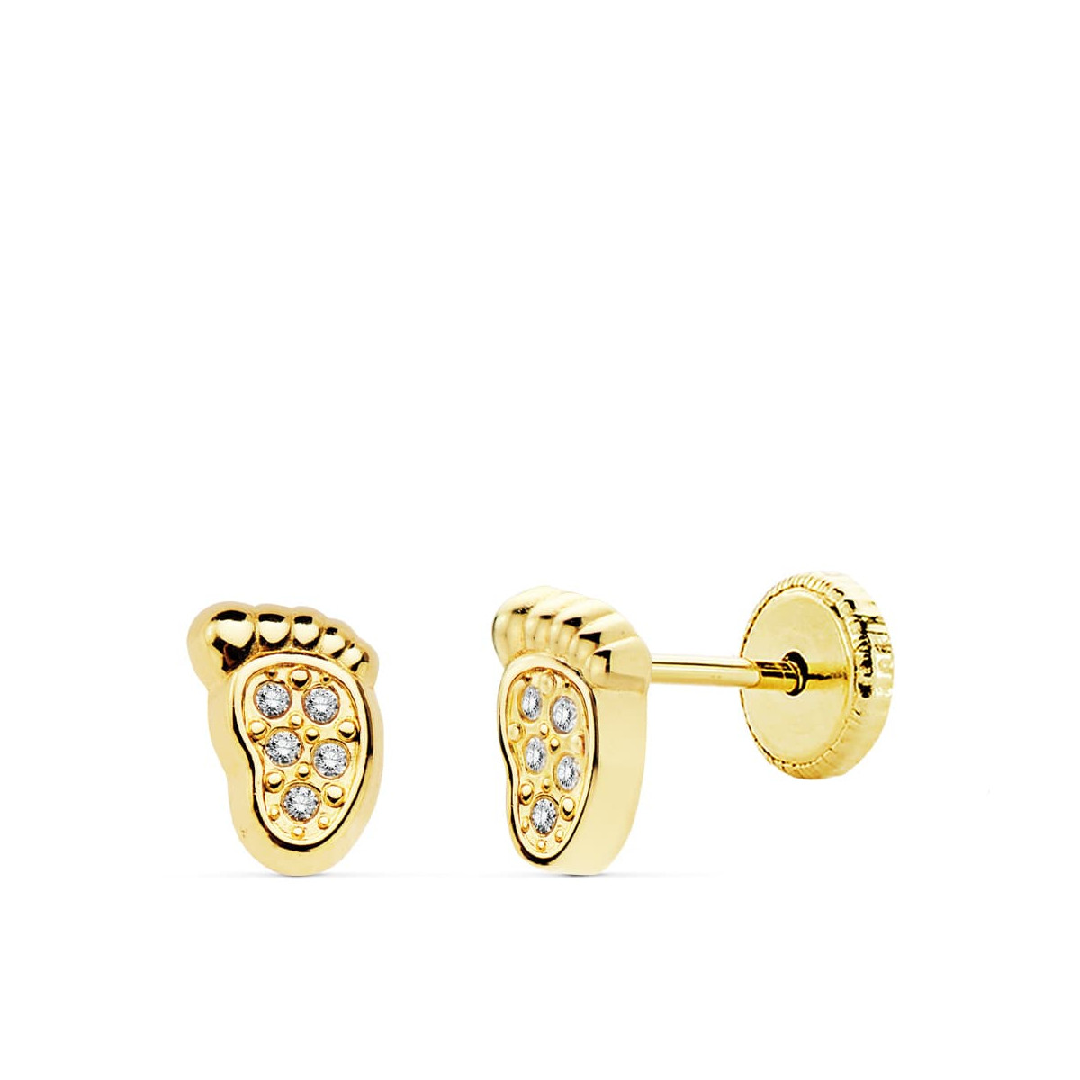 18K PENDIENTES ORO AMARILLO PIE BEBE. 6.5X4 MM CIERRE TUERCA