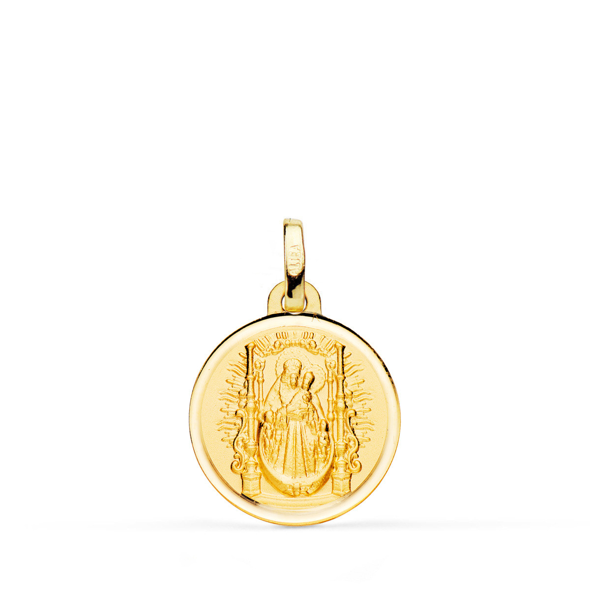 18K MEDALLA ORO AMARILLO VIRGEN DEL PINO TRONO BISEL 18 MM