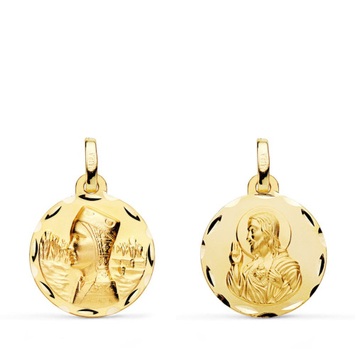 18K ESCAPULARIO ORO AMARILLO VIRGEN MONTSERRAT Y CORAZON DE JESUS TALLADA 16 MM