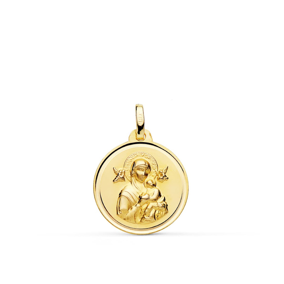 18K MEDALLA ORO AMARILLO VIRGEN DEL PERPETUO SOCORRO EN BRILLO 18 MM