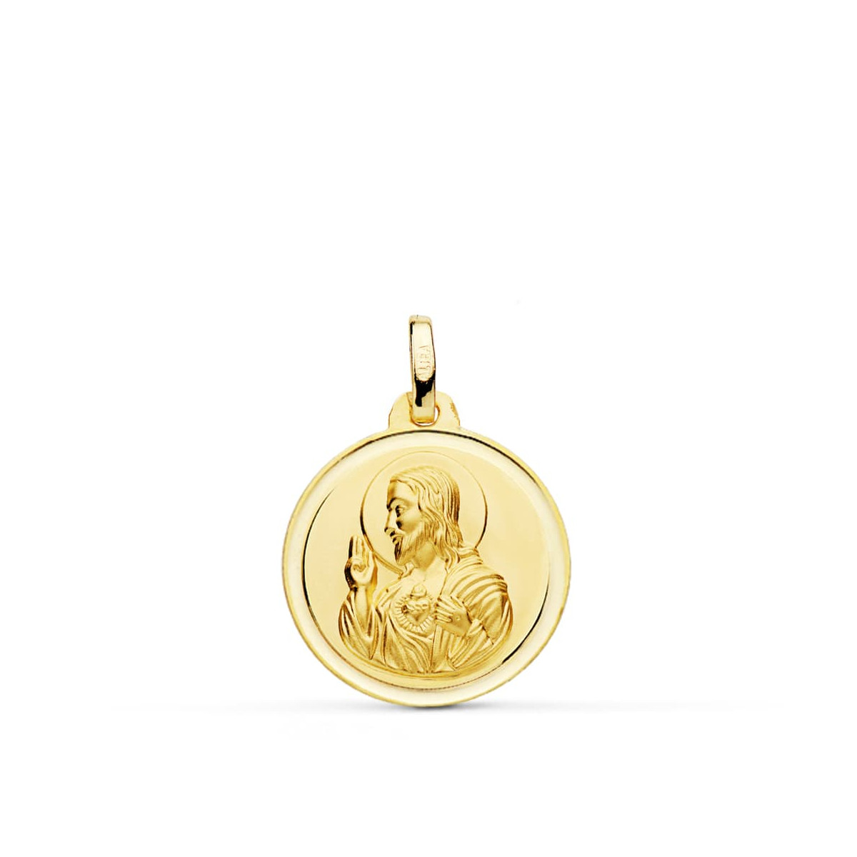 18K ESCAPULARIO ORO AMARILLO VIRGEN DE LOS DESAMPARADOS Y CORAZON JESUS 18 MM BISEL