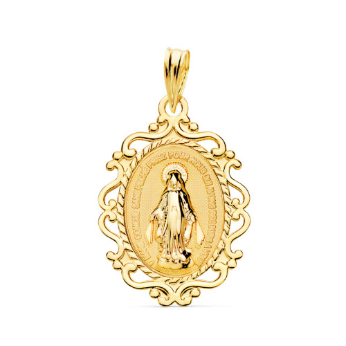 18K MEDALLA ORO AMARILLO VIRGEN MILAGROSA CERCO FILIGRANA EN BRILLO FRANCES 23 X 16 MM