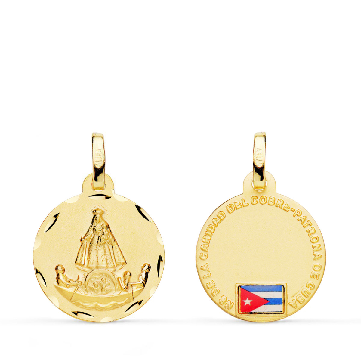 18K MEDALLA ORO AMARILLO VIRGEN CARIDAD DEL COBRE BALSA CON BANDERA 16 MM