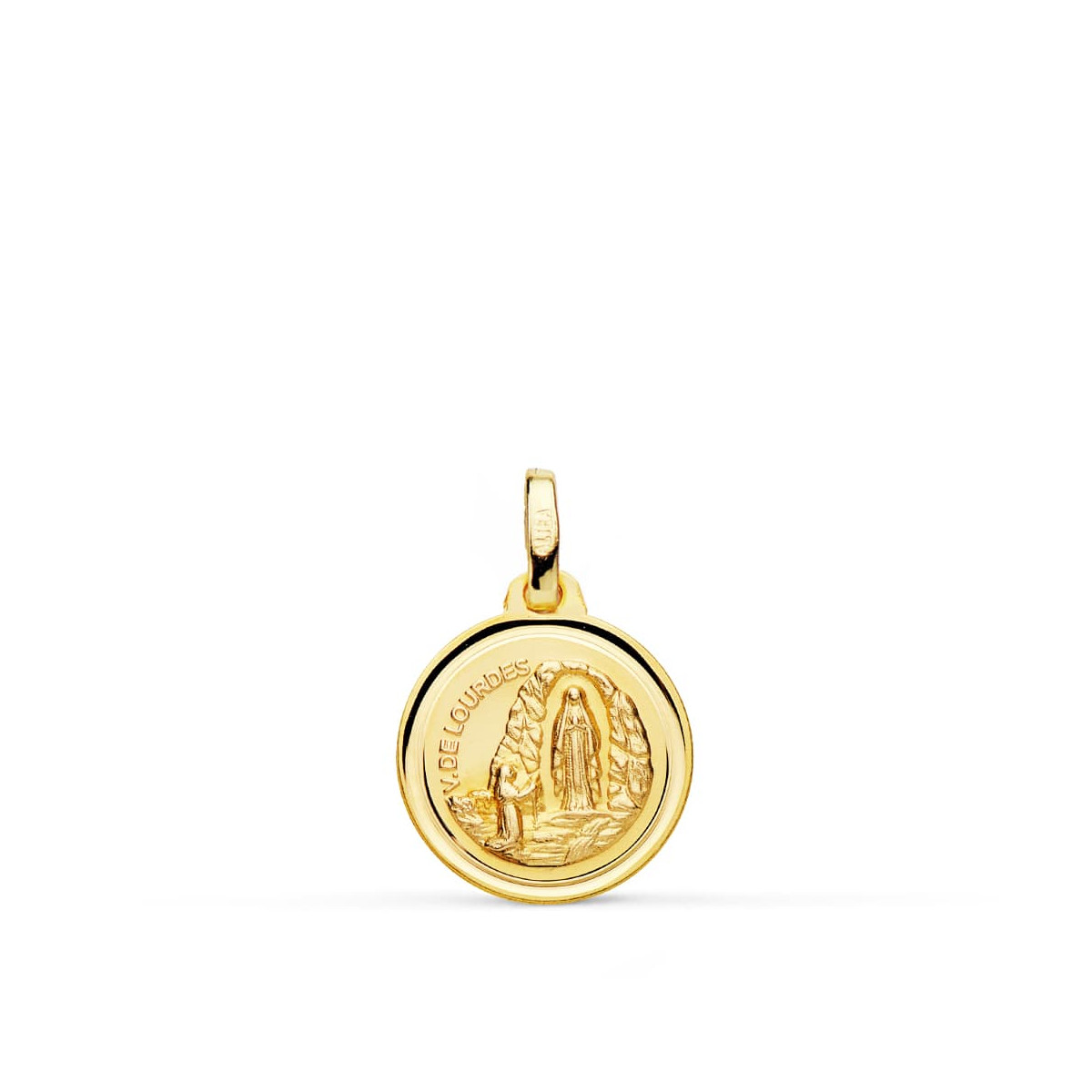 18K MEDALLA ORO AMARILLO VIRGEN DE LOURDES 14 MM BISEL