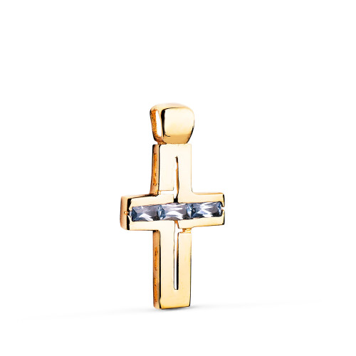 18K CRUZ ORO AMARILLO PIEDRAS BAGUETTE CIRCONITAS COLOR AGUAMARINA. 25 X 13 MM