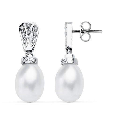 18K PENDIENTES ORO BLANCO PERLA 26X9 MM CIERRE PRESION