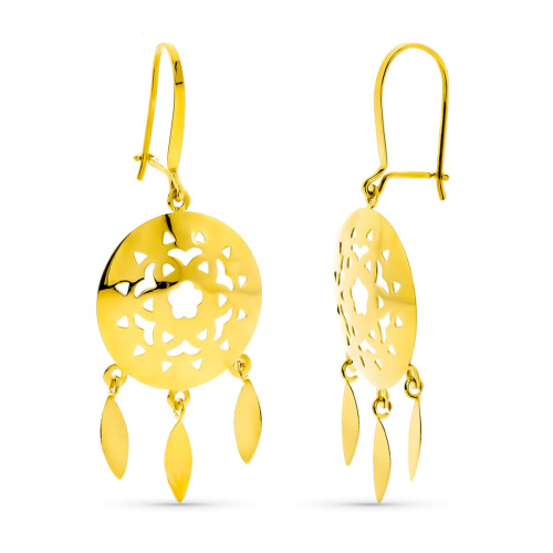 18K PENDIENTES ORO AMARILLO LARGOS CALADOS 3 LAGRIMAS CIERRE GANCHO