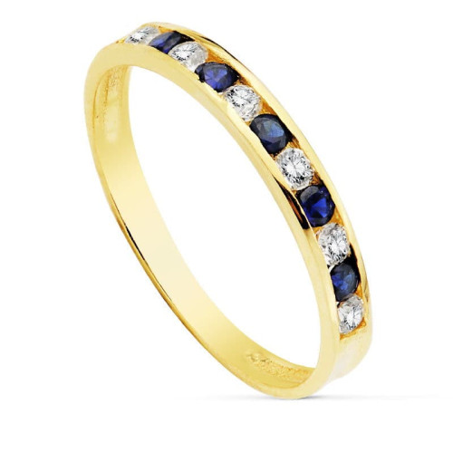 18K SORTIJA ORO AMARILLO CIRCONITA AZULES Y BLANCAS. ANCHO CUERPO 2.5 MM