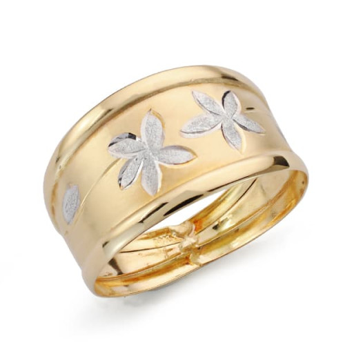 18K SORTIJA ORO BICOLOR MATIZADA CON FLORES DIAMANTADAS. ANCHO: 13,5MM