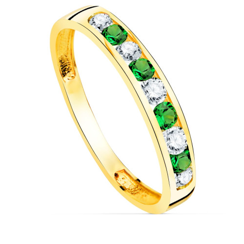 18K SORTIJA ORO AMARILLO 9 CIRCONITA BLANCAS Y VERDES. ANCHO CUERPO 3.5 MM