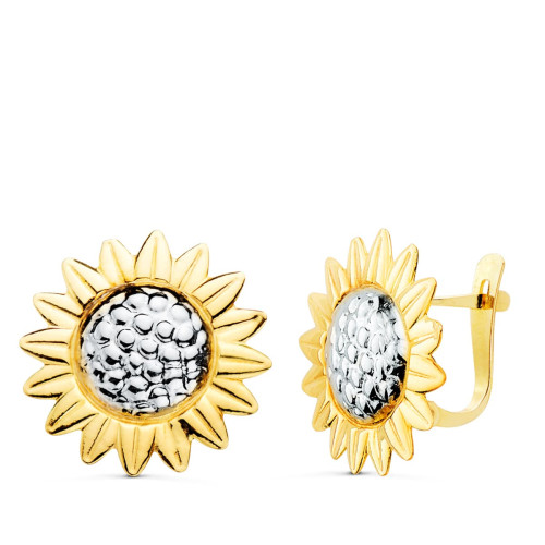 18K PENDIENTES ORO BICOLOR GIRASOL BRILLO 18 MM CIERRE CATALAN