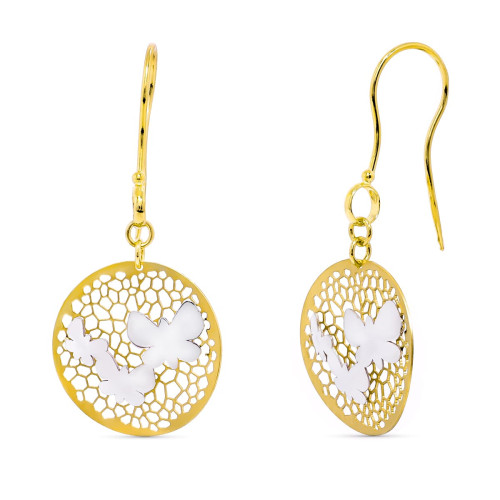 18K PENDIENTES ORO BICOLOR LARGOS MARIPOSAS. 43X18 MM CIERRE GANCHO