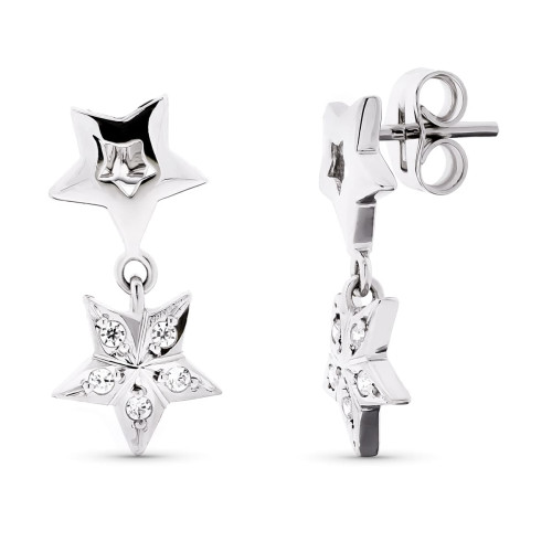 18K PENDIENTES ORO BLANCO LARGOS ESTRELLAS CIERRE PRESION