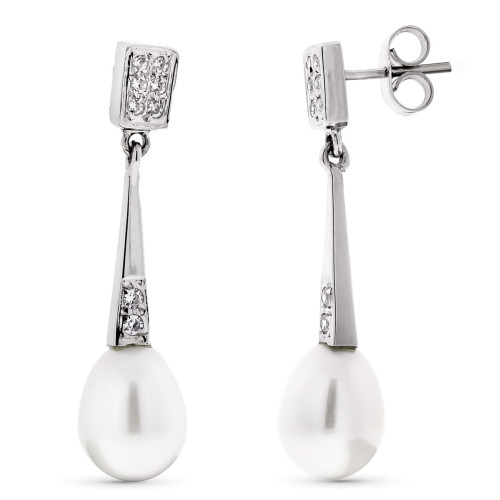 18K PENDIENTES ORO BLANCO LARGOS PERLA Y CIRCONITA CIERRE PRESION