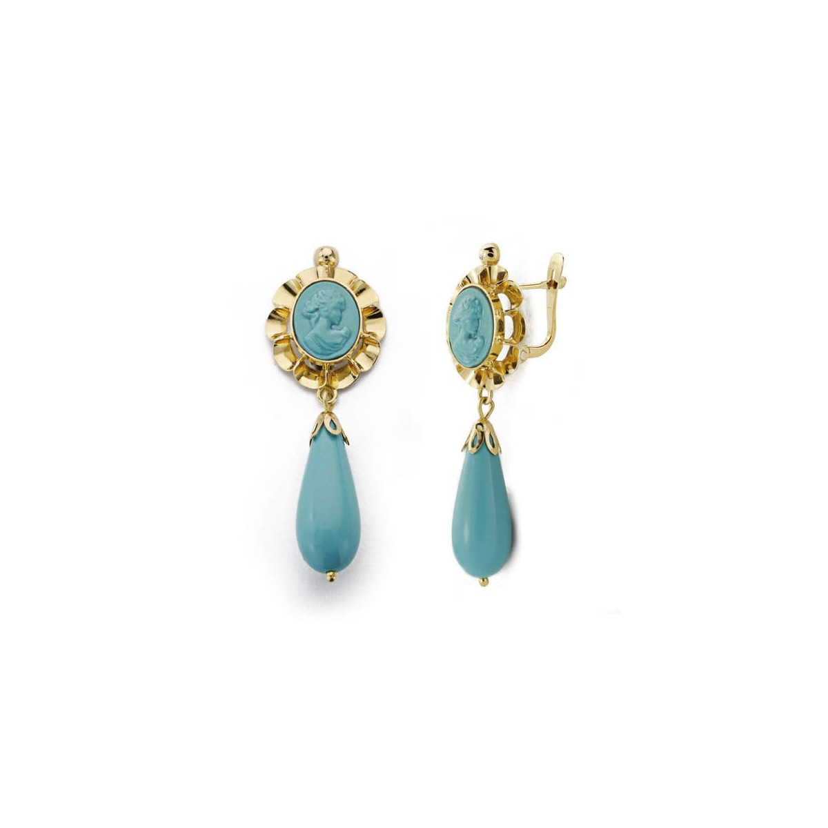 18K PENDIENTES CUBANAS CAMAFEO TURQUESA ORO AMARILLO  43X14 MM CIERRE CATALAN